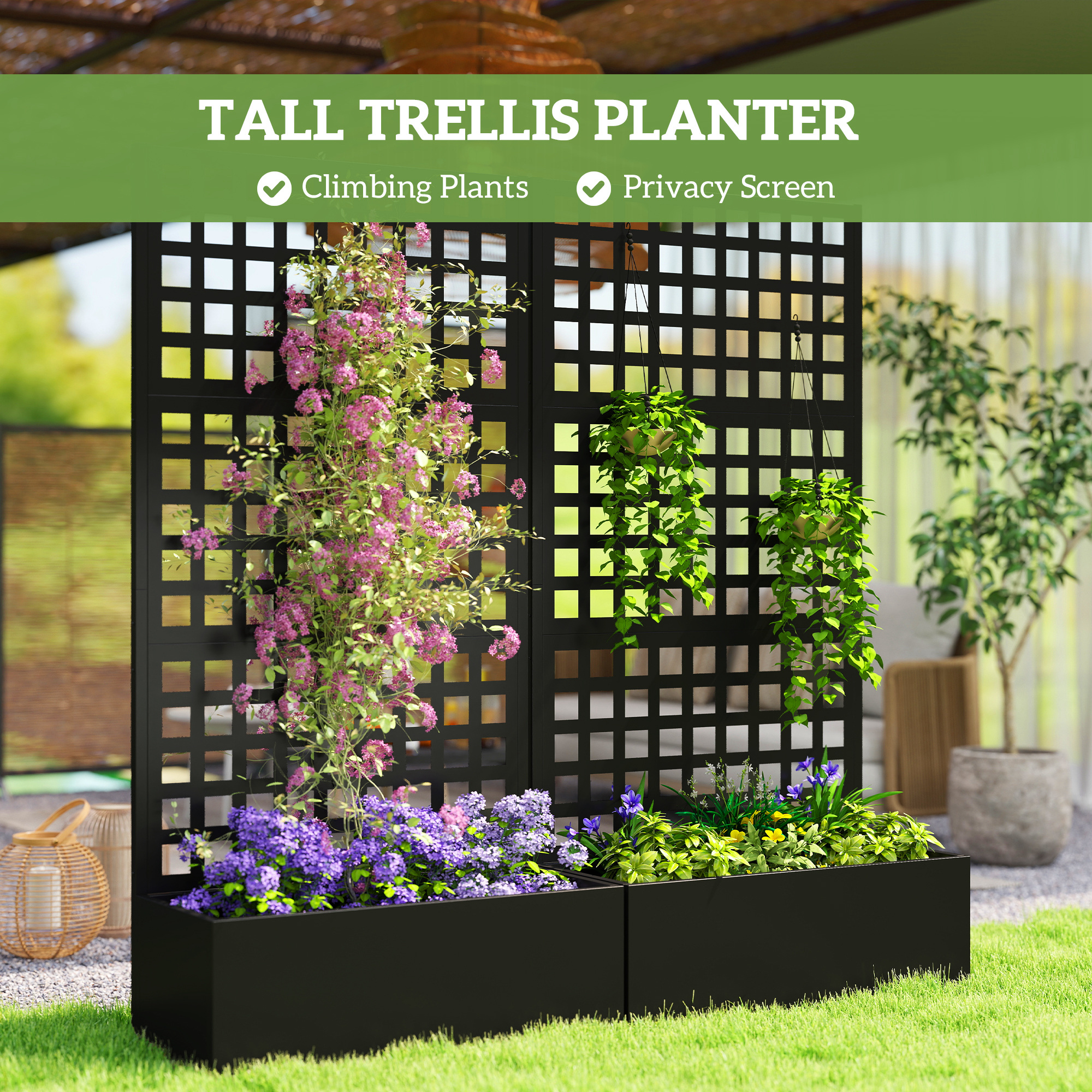 Hivvago Elevated Garden Bed with Trellis 35"x16"x70" for Backyard Plants in Black | Mathis Home