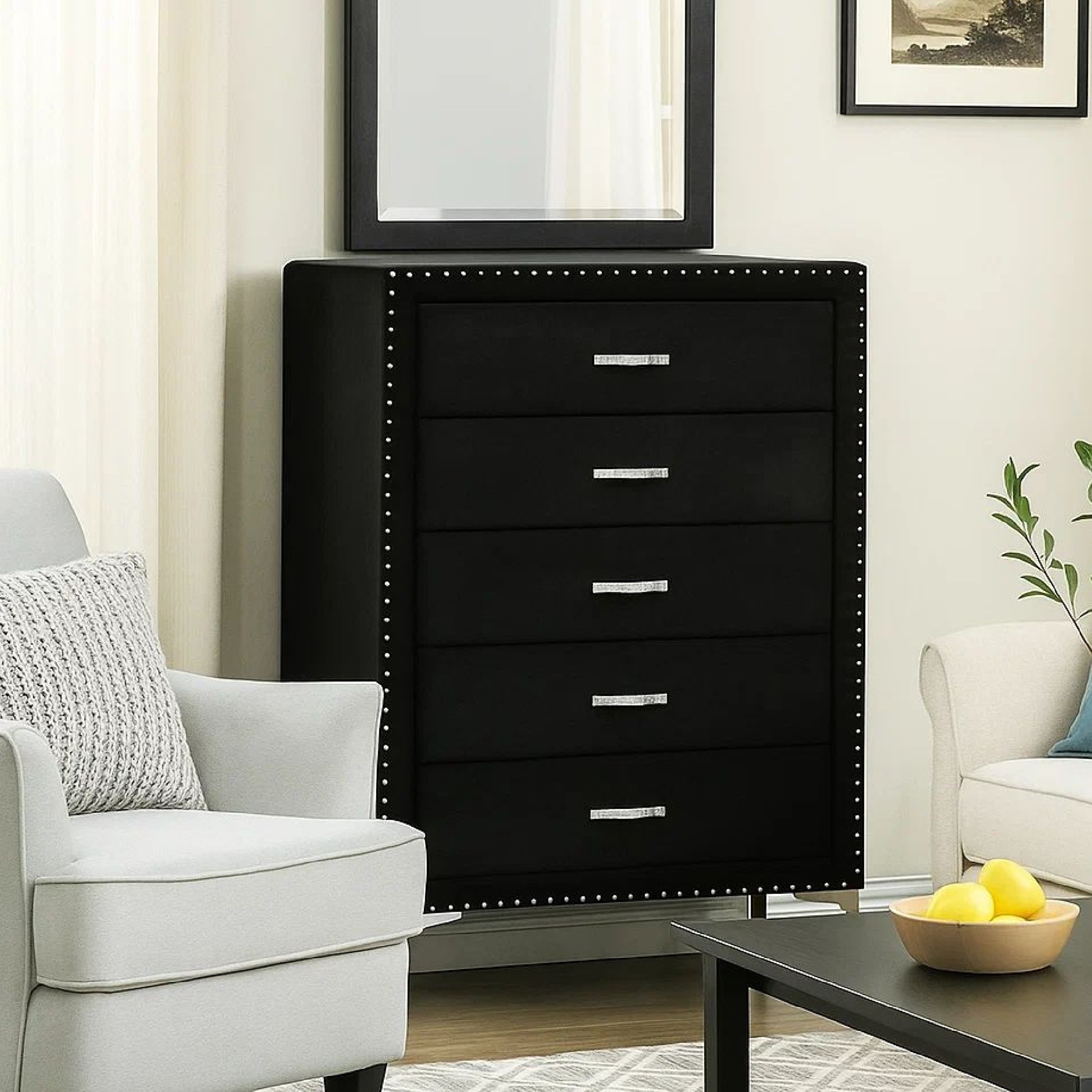 black dresser 5 drawer for Bedroom, Chest of Drawers Nightstand with Embedded Handles, Wooden Dresser Organizer for Living Room, Nursery, Entryway *Avoid power tools when assembling Black 5 Drawer Chest Z-195-05