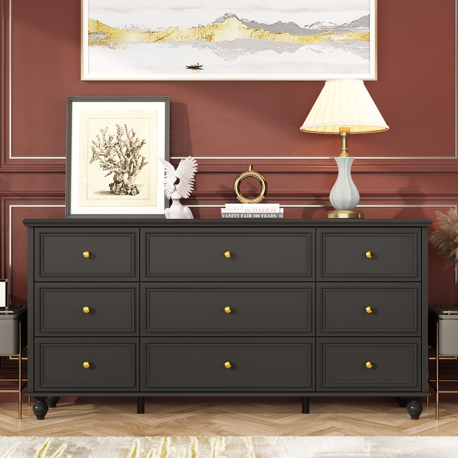 modern black dresser Furniture of America Wilter 6-Drawer 66 in. with Rounded Edges and Nickel Finish Stainless Steel Trim IDF-71500BK-D and easily accessible Homary Humply Modern Black Leather