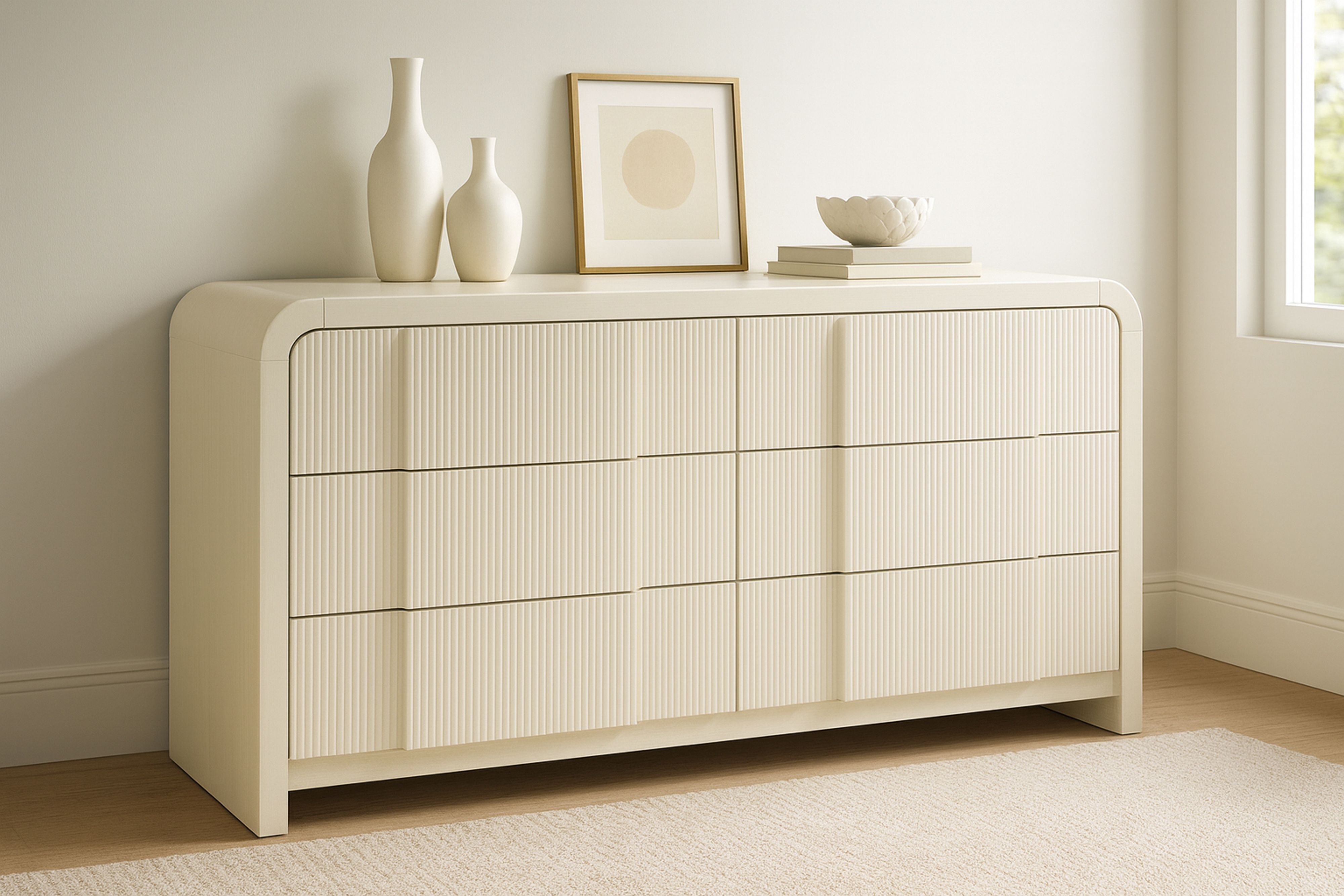 cream dresser Collins 56" 6-Drawer Elevate your home with the Beckett 6 Meridian Furniture Fluted Cream Dresser