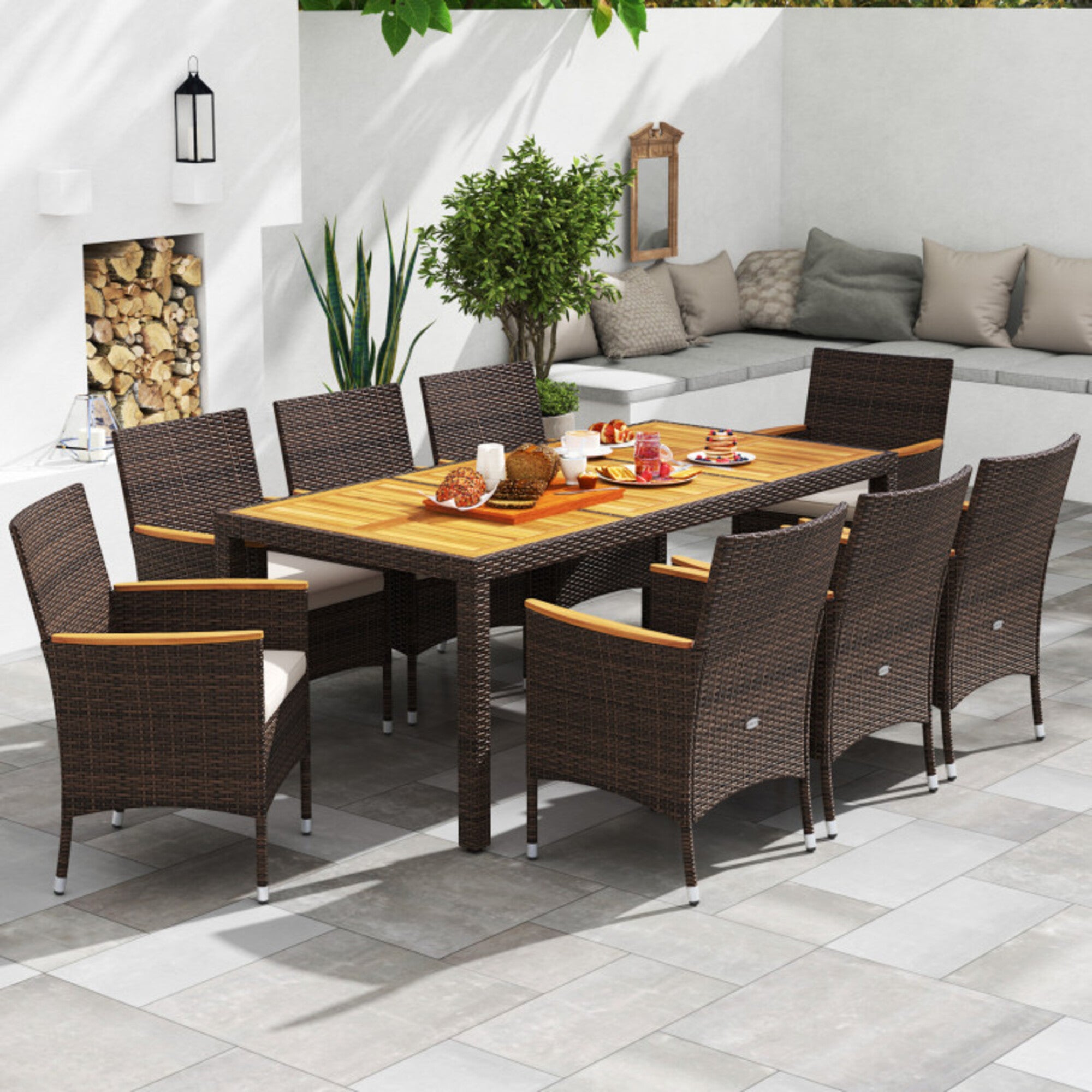 Mondawe 9-Piece Outdoor Dining Set, 1 Acacia Table & 8 PE Rattan