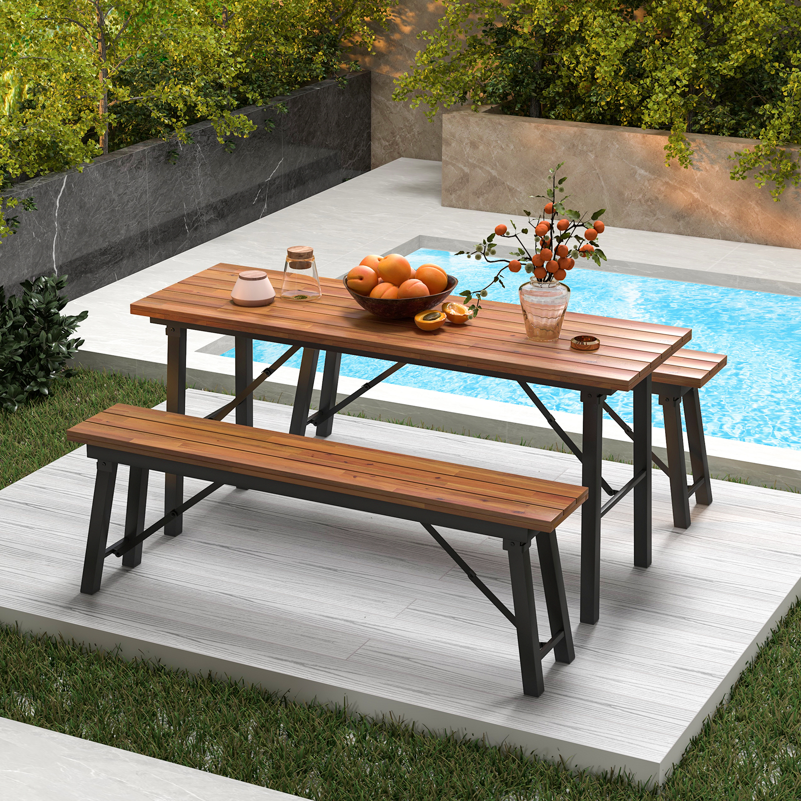 Outdoor Dining Table and Bench Set with Acacia Wood Top for Yard