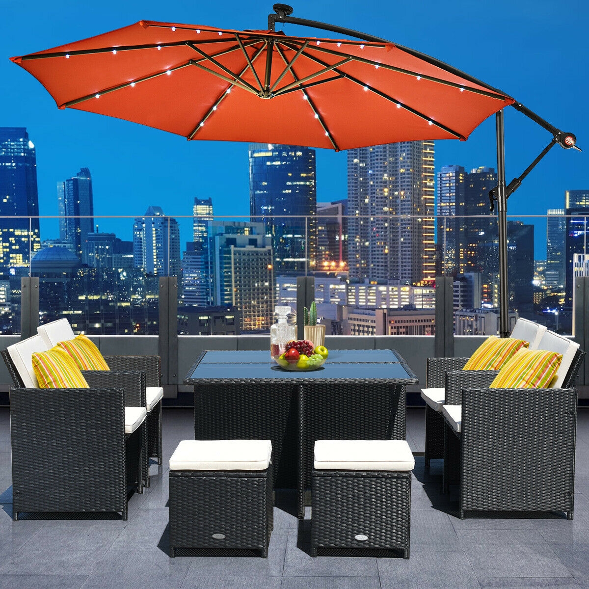 10 Feet Patio Hanging Solar LED Umbrella Sun Shade with Cross Base 10 Feet Patio Hanging Solar LED Umbrella Sun Shade with Cross Base