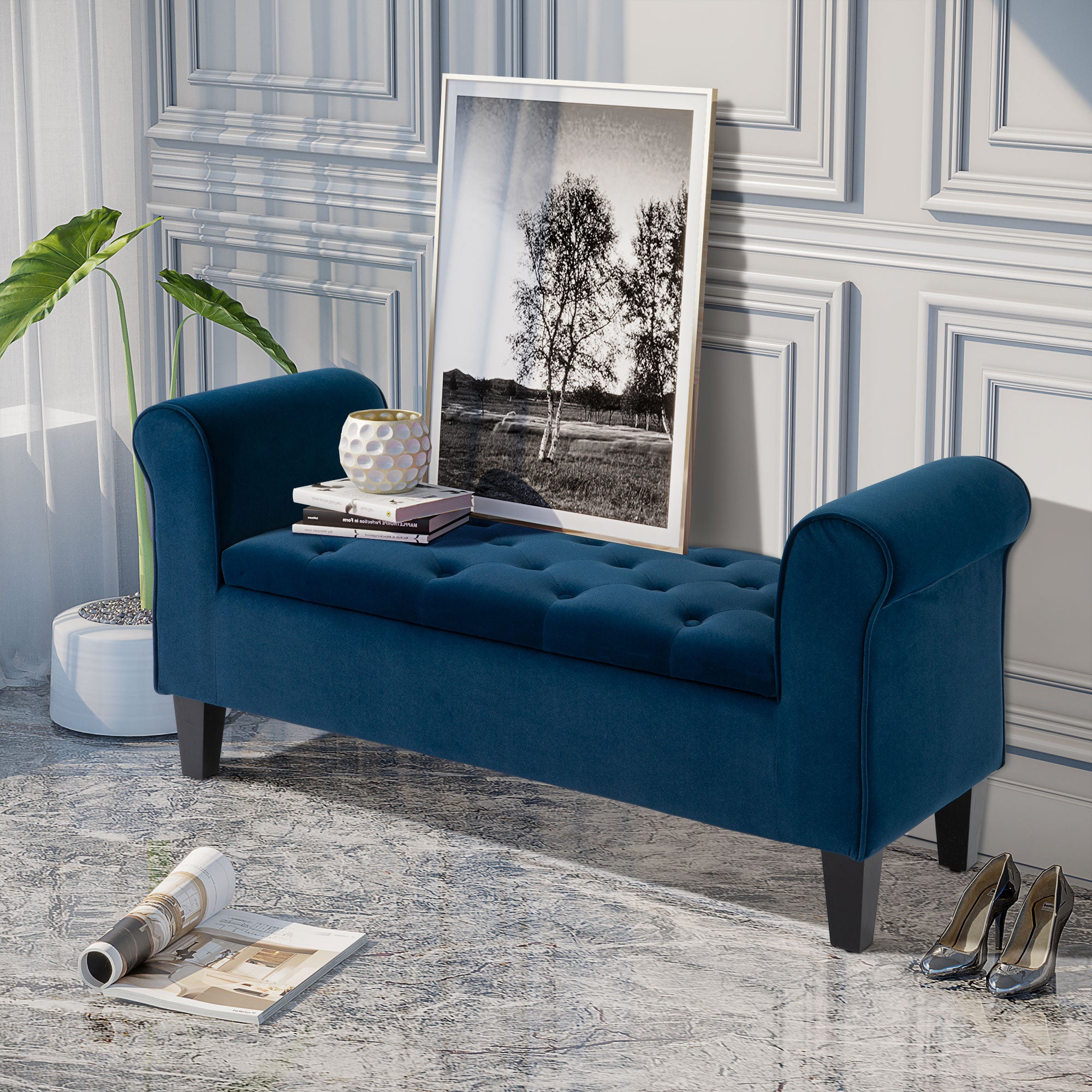 Blue Upholstered Storage: Button-Tufted Ottoman Bench with Arms
