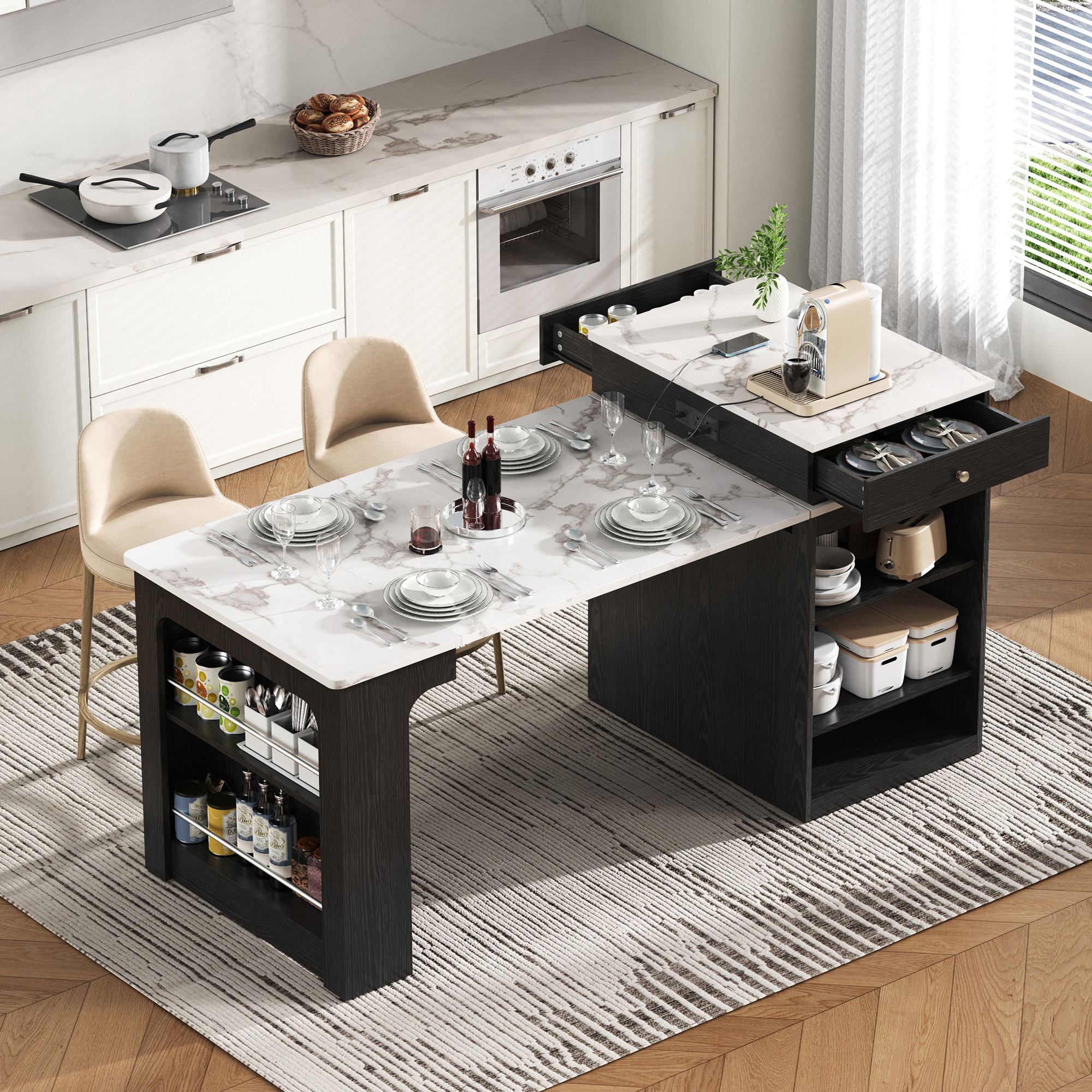 Merax Extendable Kitchen Island with Dining Table & Storage