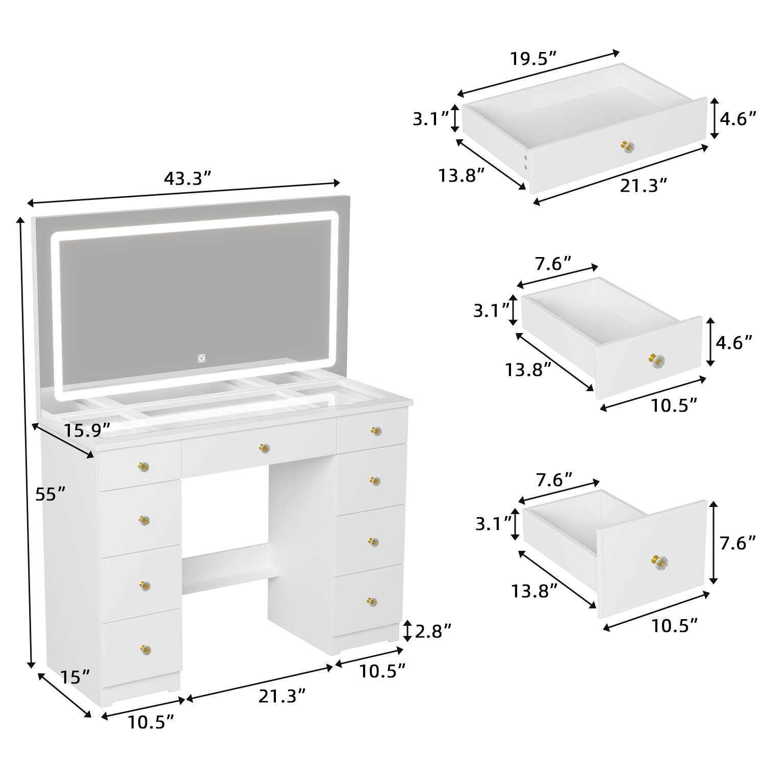 FUFU&GAGA Large Mirror Vanity Dresser with 9 Drawers & LED