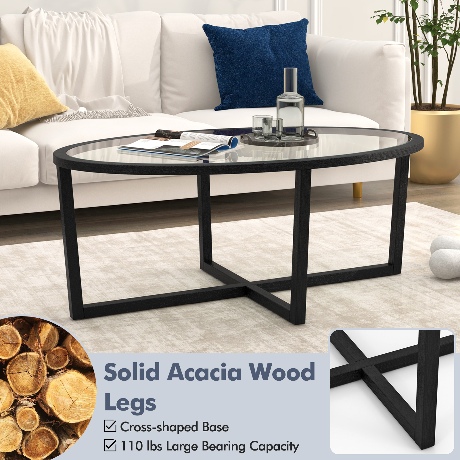 Oval Glass Coffee Table with Cross Base and Acacia Wood Legs for