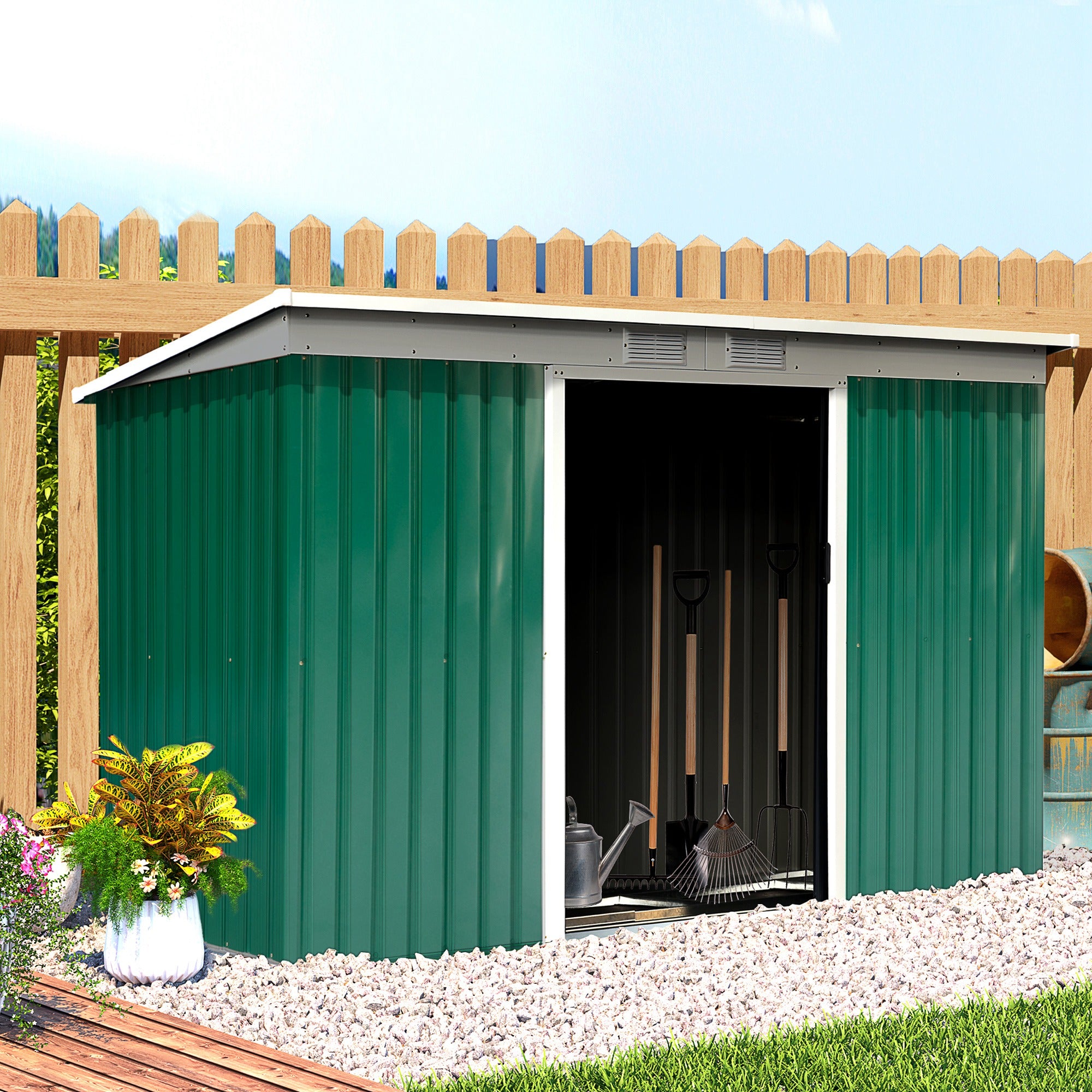 Rust-Proof Garden House: 9'x4.5'x5.5' Green/White Vented Metal Shed
