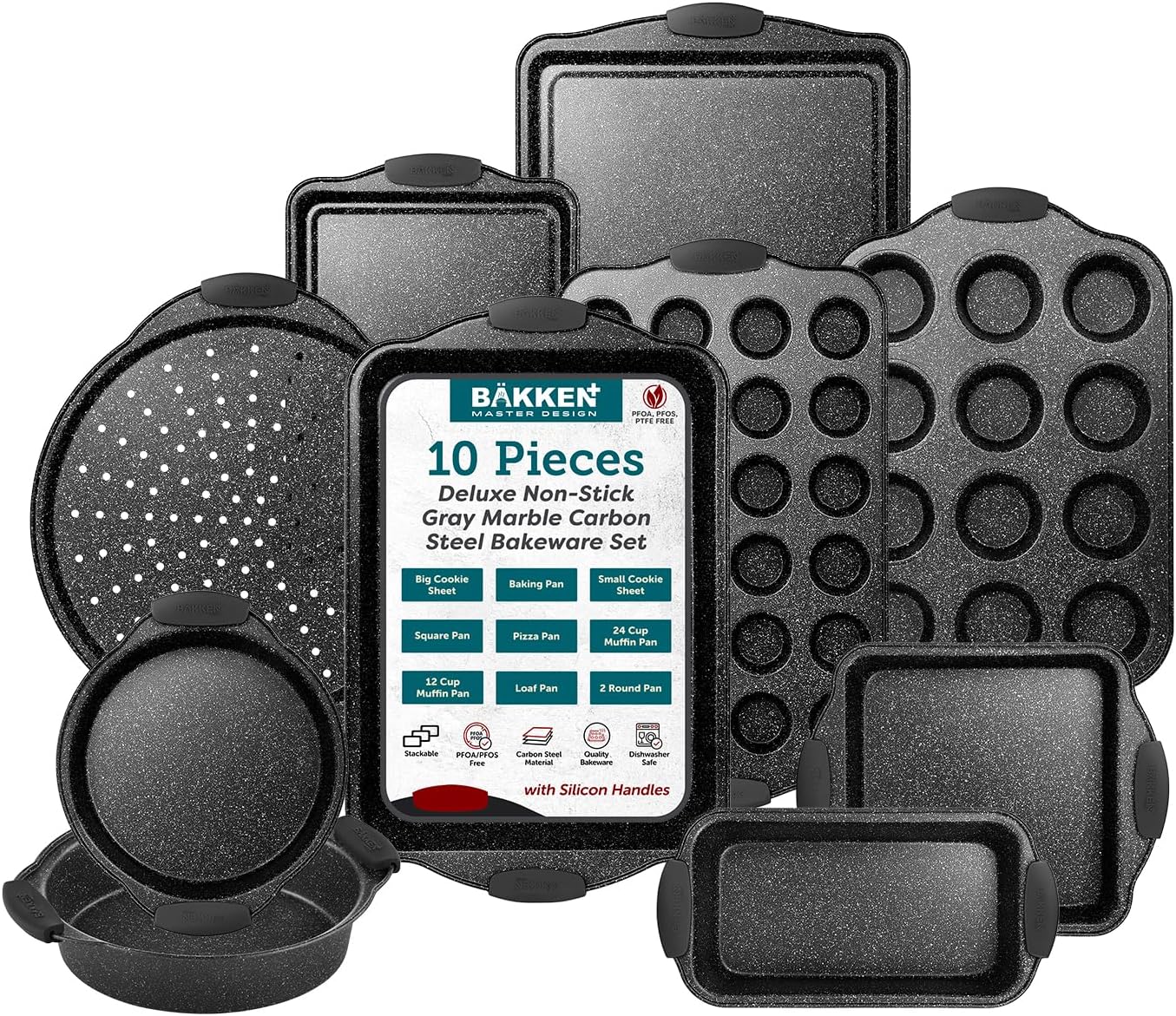 BAKKEN Kitchen Baking Pan Set - Nonstick Coating, Carbon Steel Bakeware Sets with Silicone Handles, Baking Kitchen Essentials, PFOA, PFOS, PTFE Free, Oven Safe Tray (Up To 450° F), Set of 10