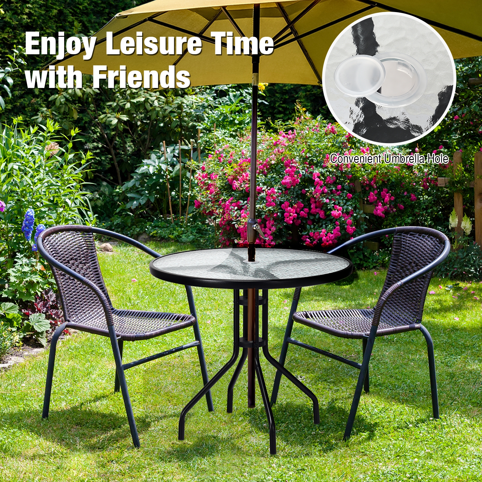 32 inch round patio table with umbrella hole Slickblue 32 Inch Outdoor Patio Round Tempered Glass Top Table with Umbrella Hole