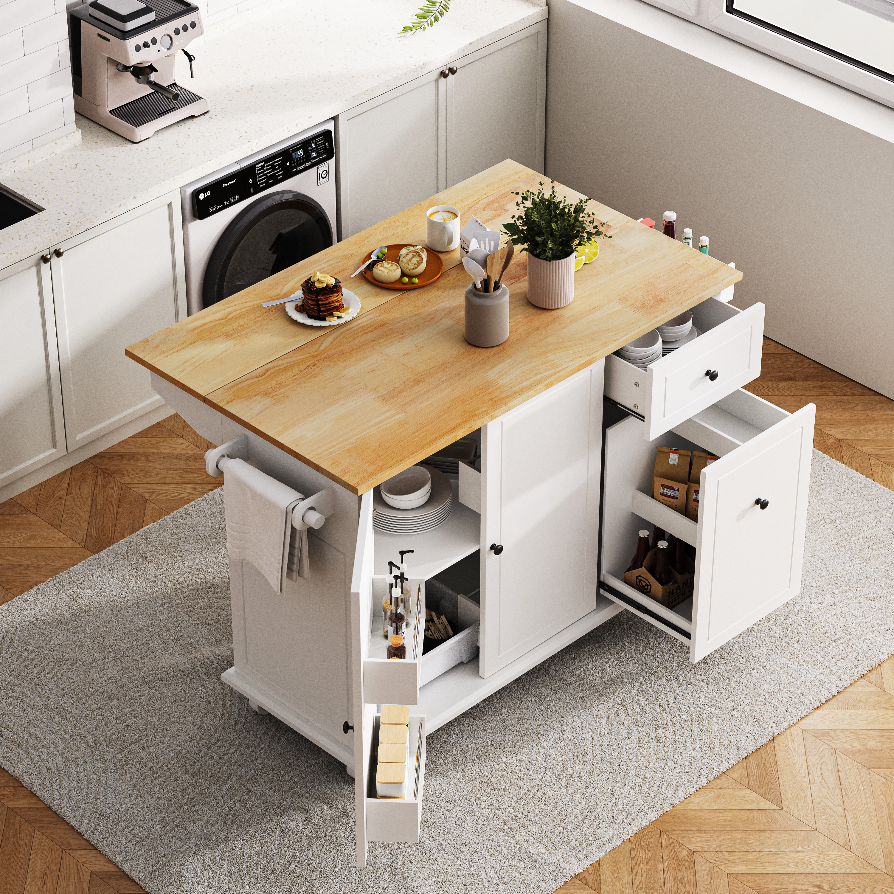Rolling Kitchen Island With Drop Leaf & Power Outlet - Mobile Cart With Drawers