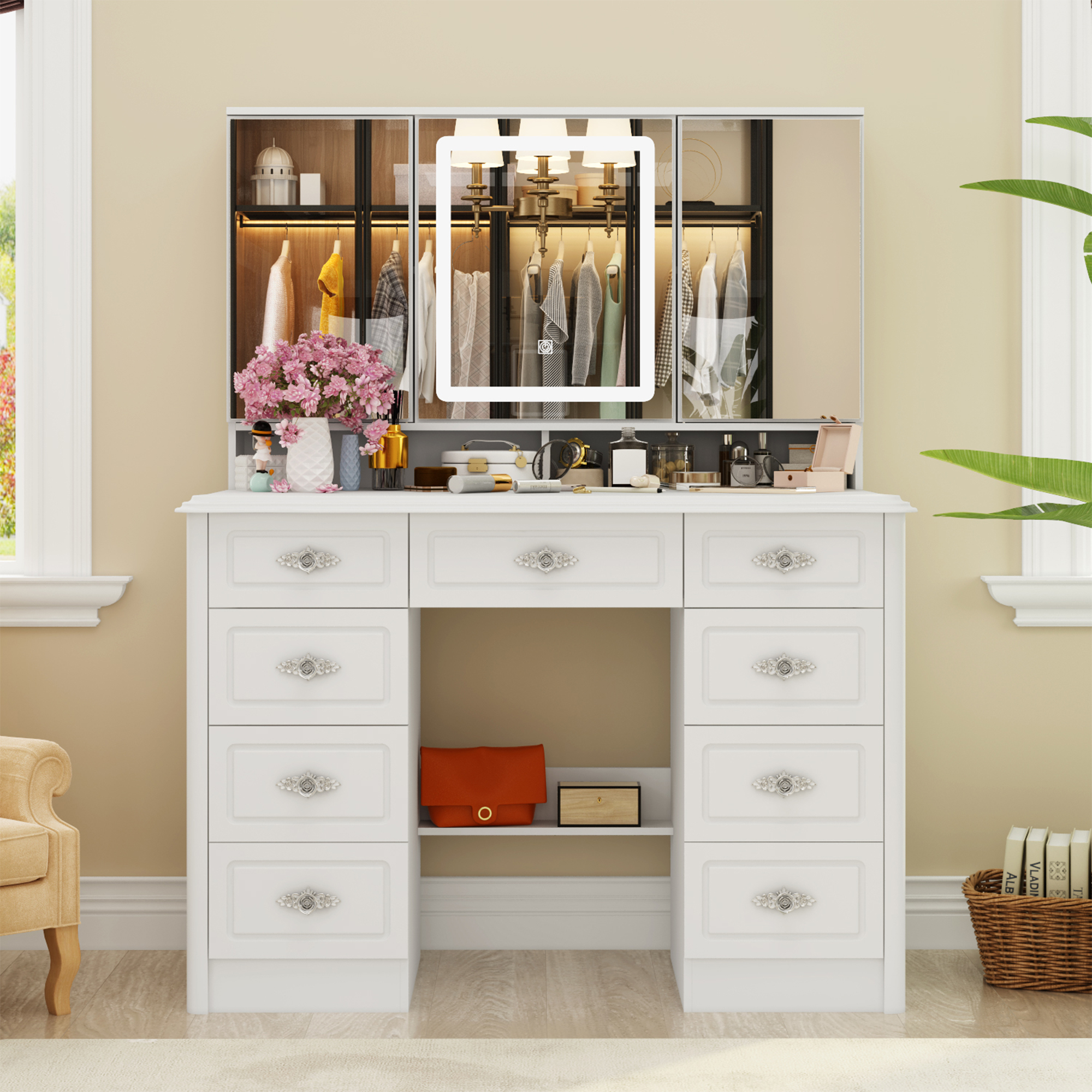 cute dressing table FUFU&GAGA White Makeup Vanity Desk W/3-Mirrors,LED Lighted, 9-Drawers, Hidden Storage Shelves, Carved Metal Handles Stool Hailey Sequin Bodycon Mini Color:light-yellow adjustable shelves within the prom dress uk