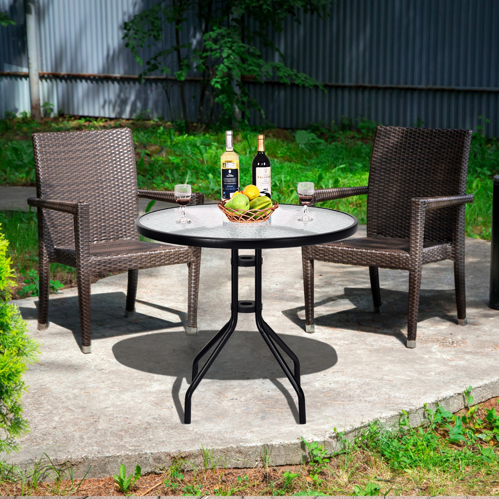32 Inch Outdoor Patio Round Tempered Glass Top Table with Umbrella