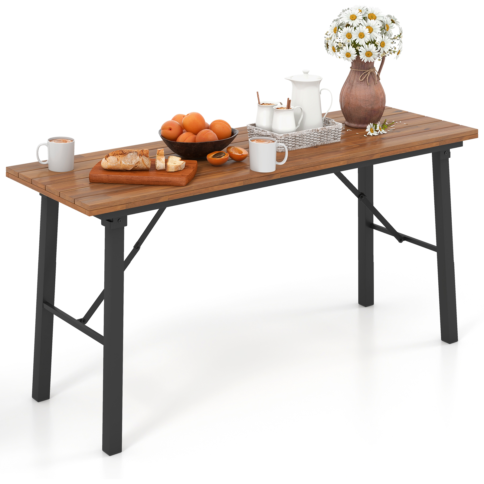 Folding Picnic Table Acacia Wood Dining Table with Metal Frame for