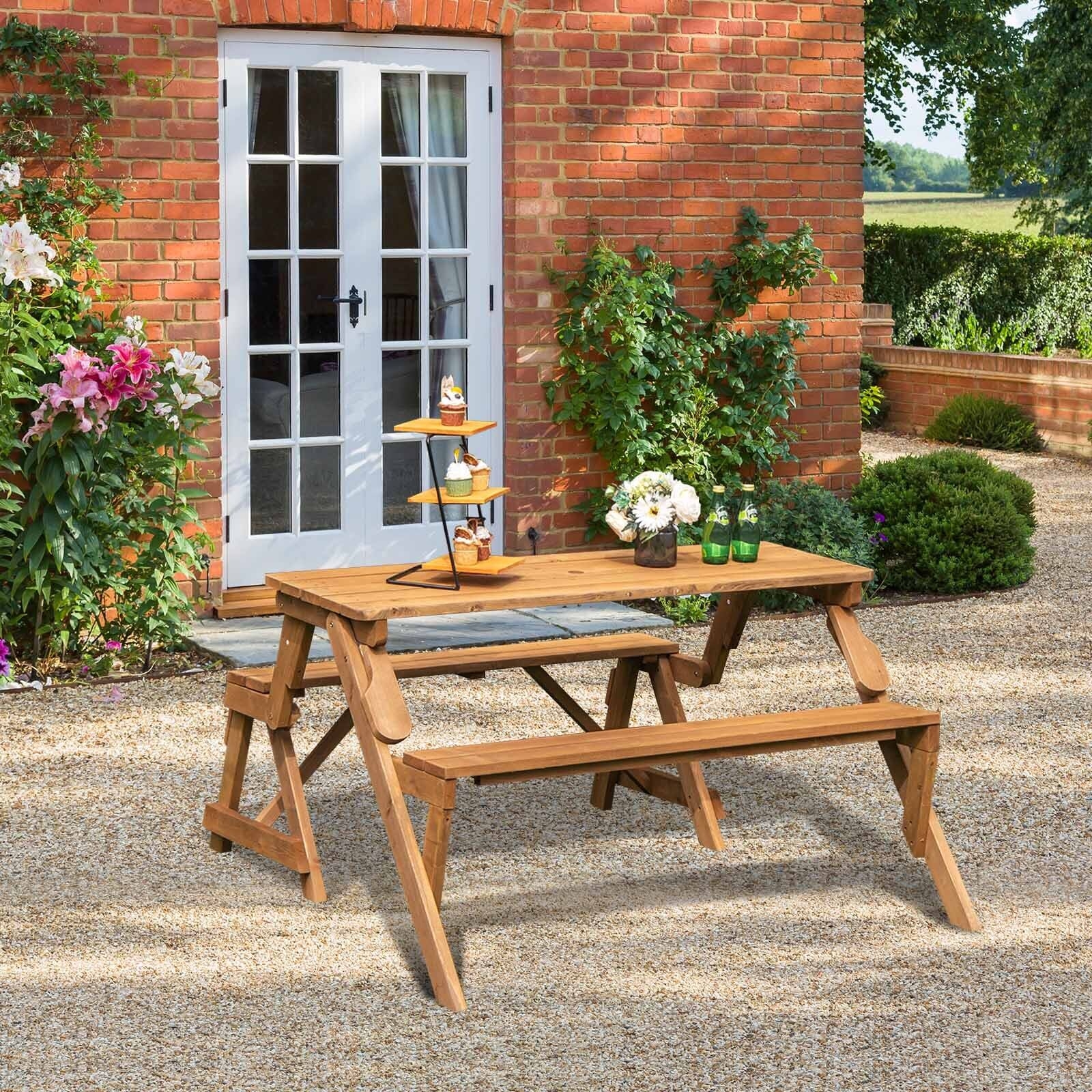 2-in-1 Transforming Interchangeable Wooden Picnic Table Bench with