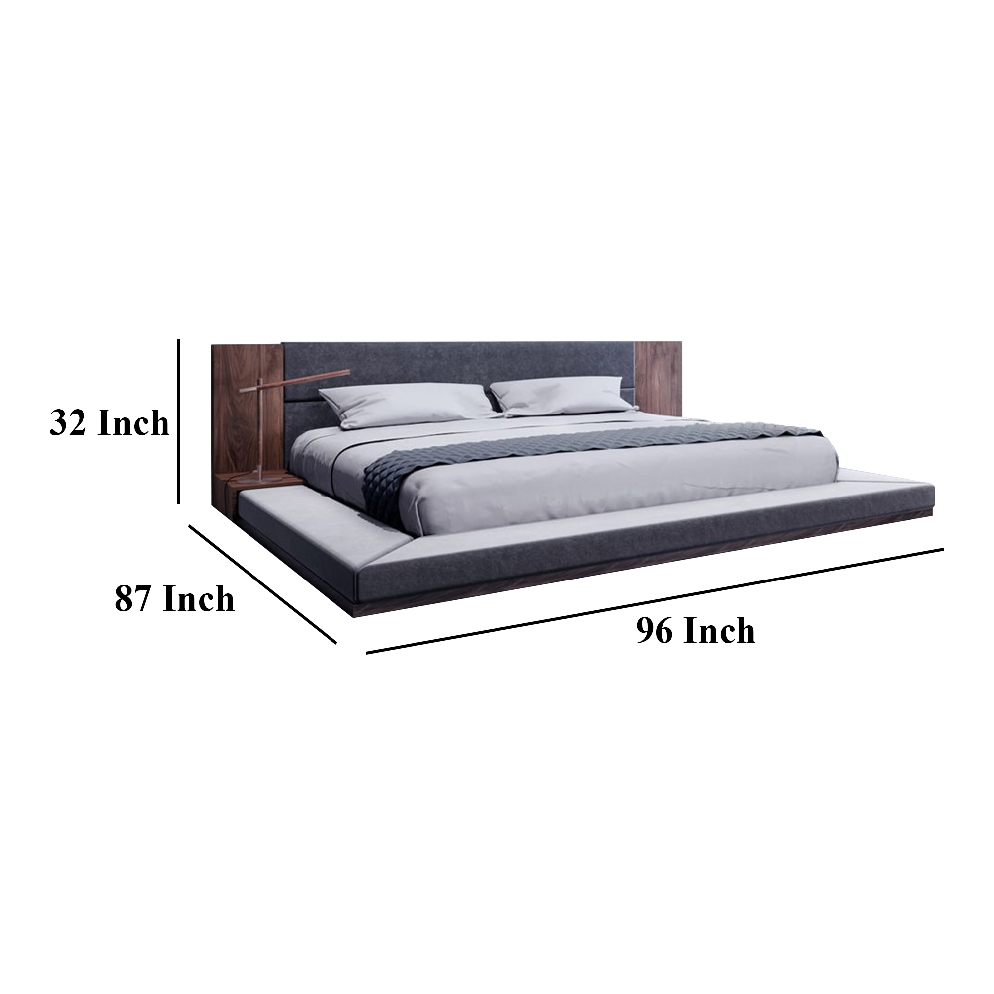 Noe Zen Japanese Low Profile Queen Bed w Nightstand, Dark Gray, Walnut