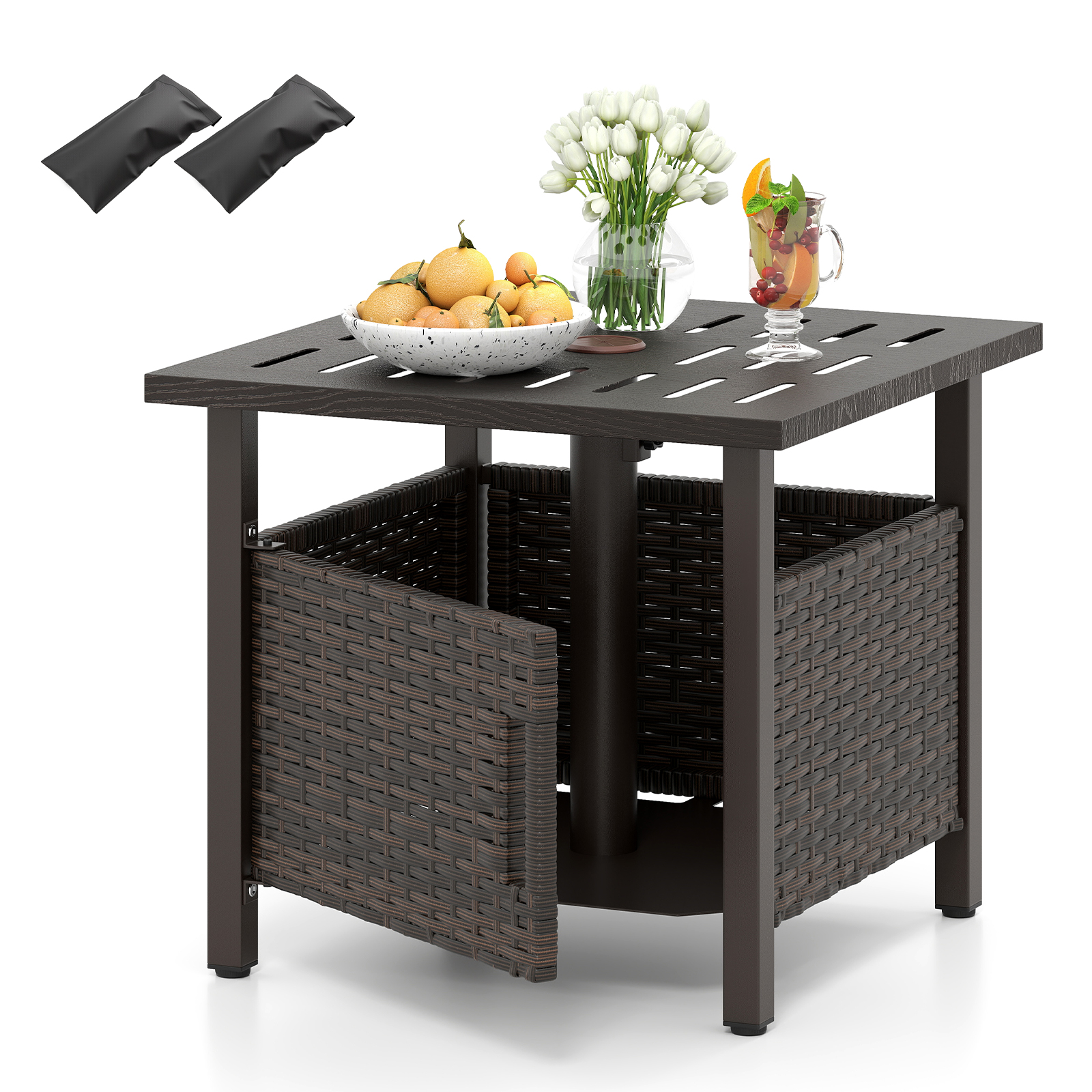 brown wicker patio table with umbrella hole 2 Weight Bags Outdoor Umbrella Side Table with Umbrella Small End Table for Outside Storage Coffee Table with Poly Lumber Top for Pool Garden Balcony Deck : Patio, Lawn & Garden resistant PVC 42