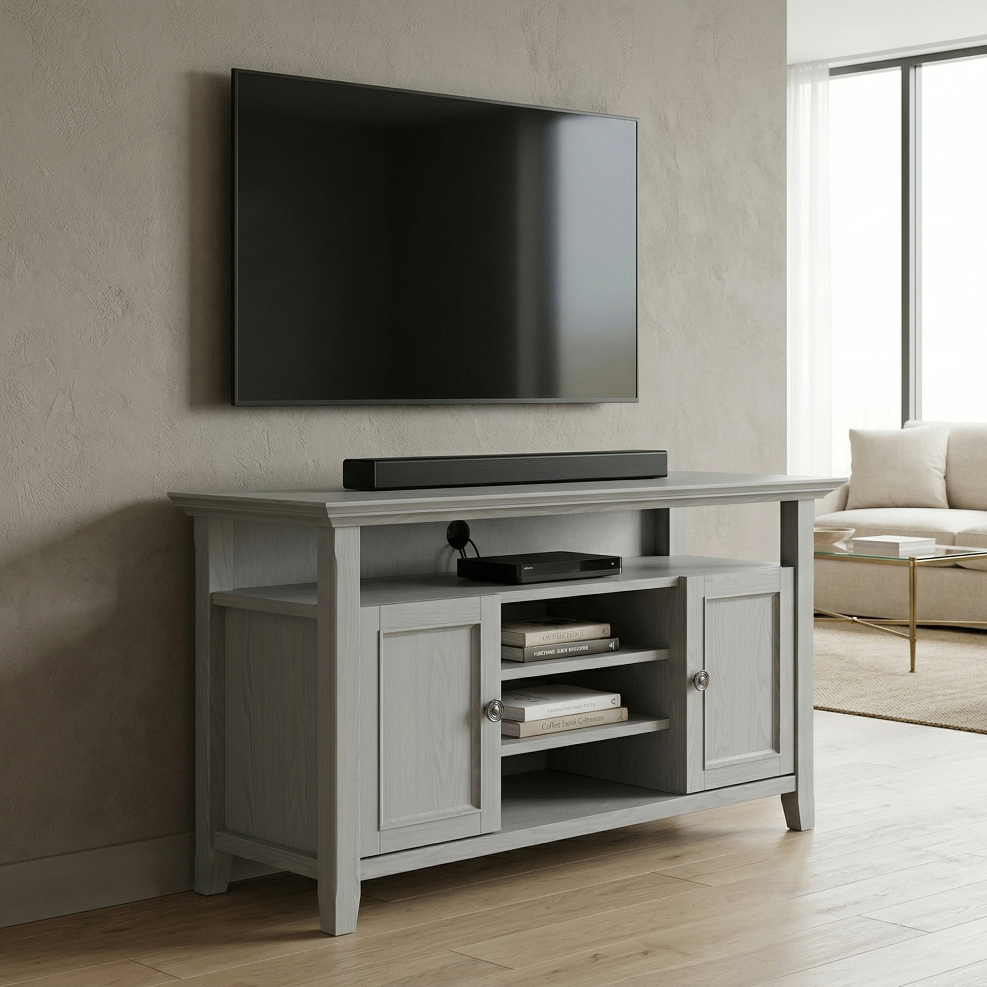 Amherst 54 inch Wide Solid Wood Transitional TV Stand in Fog Grey