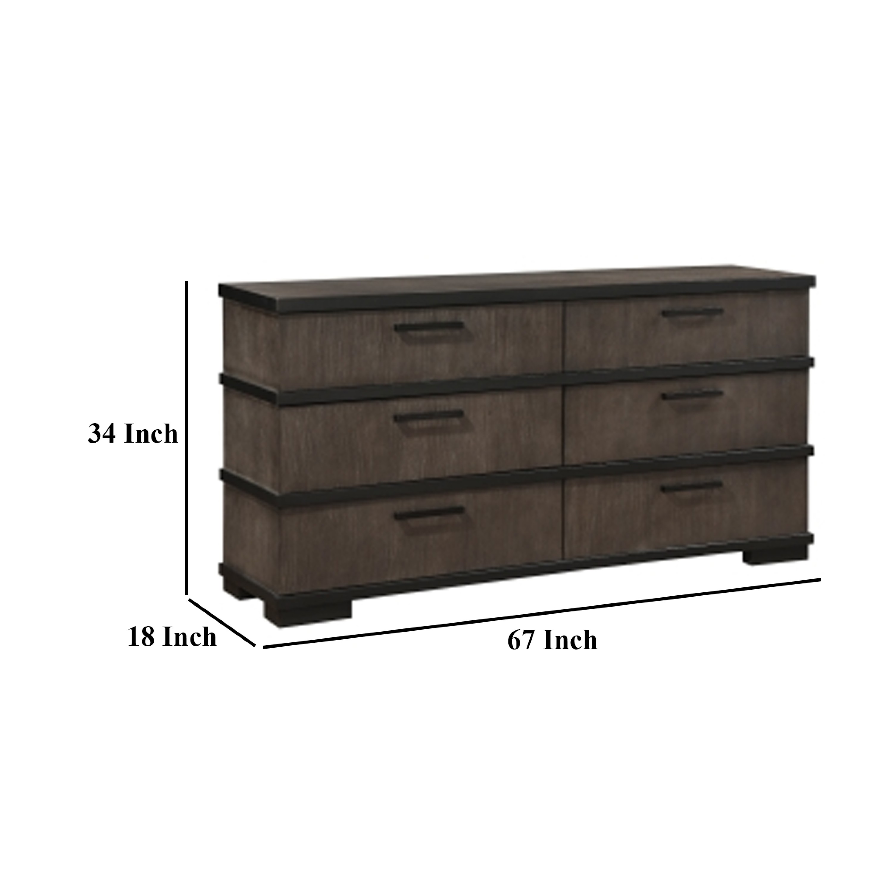 Acy 67 Inch Dresser, 6 Drawers, Brownish Gray, Black Wood, Bar