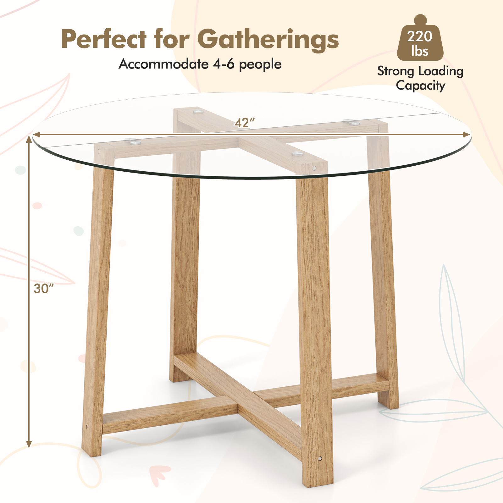 42-Inch Round Glass Dining Table with Tempered Glass Top and
